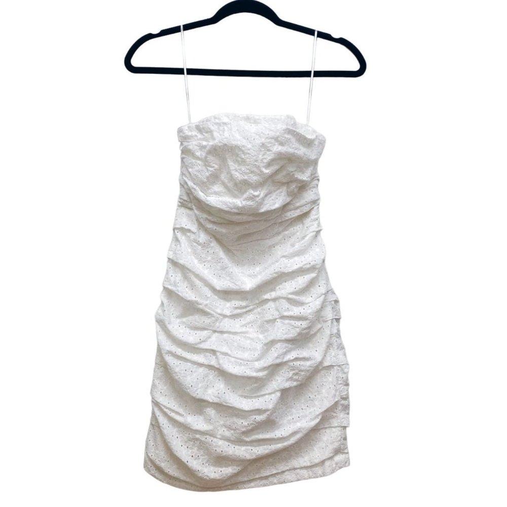 Express Sleeveless Ruched Eyelet Floral Lace Mini Dress White Zip Up Cotton EUC